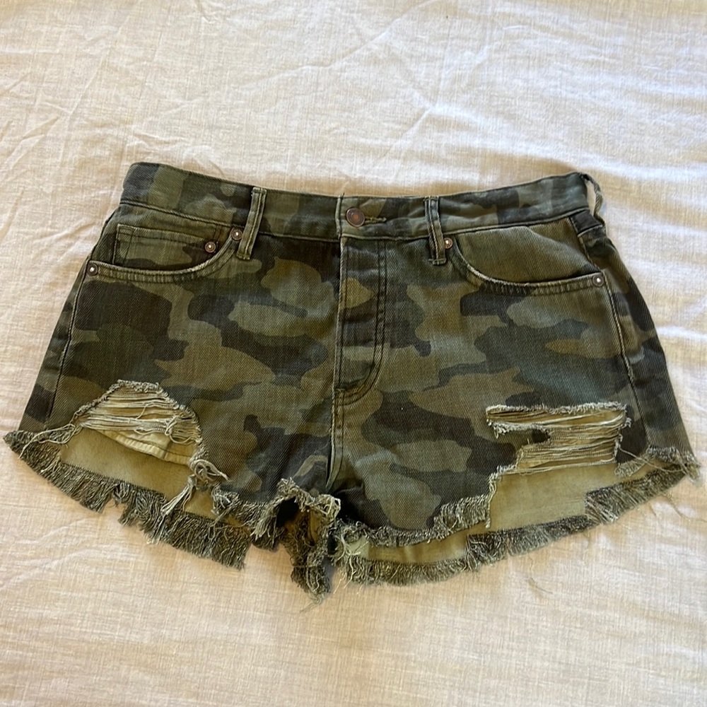 Free people, We The Free camo high waisted shorts.